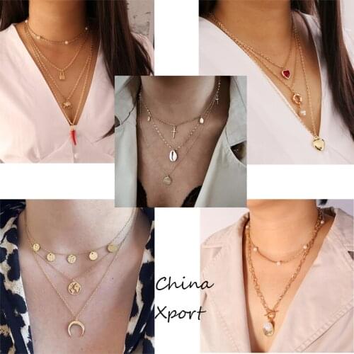 Chili elephant lock moon shell pearl heart shape pendant attractive female necklaces several layers women necklace new arrival