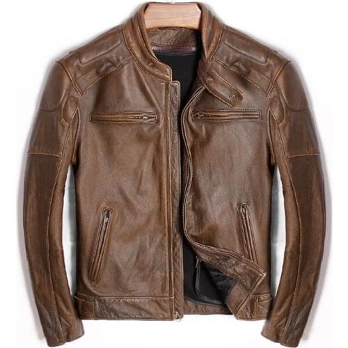 Winter Cow Genuine Mens Leather Jacket Motorcycle Stand Collar Vintage Classic Zipper Real Leather Coat Slim Brown Biker Jacket