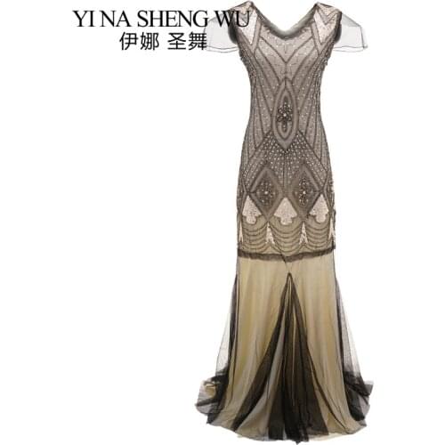 1920s Vintage Great Gatsby Flapper Dresses Women V-neck Party Dance Dress 1Pc Sequin Bead Banquet Party Short Sleeves Long Dress