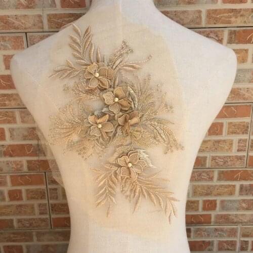 4 pcs Gold Lace Applique 3D Beaded Flowers Lace Applique DIY Wedding Dress Evening Dress Accessories Patch 10 Colors