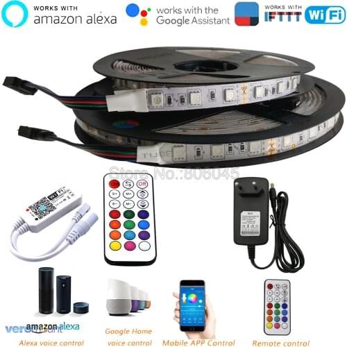 5m 5050 LED Strip Set RGB Ribbon 60LED/M 12V + 21Key RF Remote Controller Alexa Google Home Voice WiFi Control+ Power Adapter