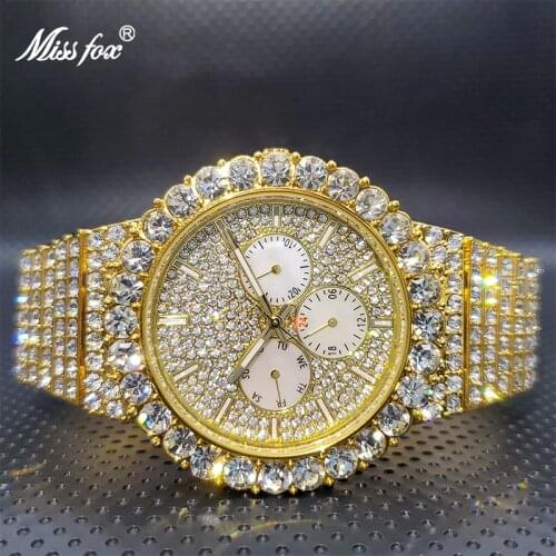 Reloj Hombre oro MISSFOX Luxury Big Cuban Diamond Mens Watches Of Famous Brands Multifunctional Waterproof Watch Dropshipping