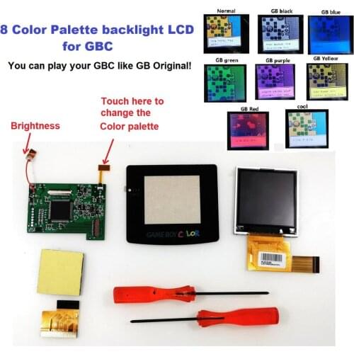For Gameboy Color High Light Screen LCD Modification Kit GBC Adjustable Brightness backlight Screen with 8 colors model