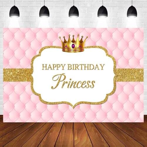 Pink Princess Backdrop Photography Gold Crown Headboard Sofa Happy Birthday Party Poster Portrait Photo Background Photo Studio