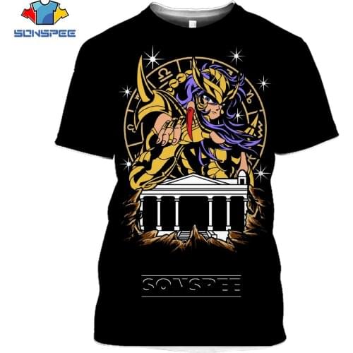 SONSPEE Anime Saint Seiya Print T-shirt Harajuku Cartoon Fighting Twelve Constellation Athena Angel Oversized Mens Short Sleev