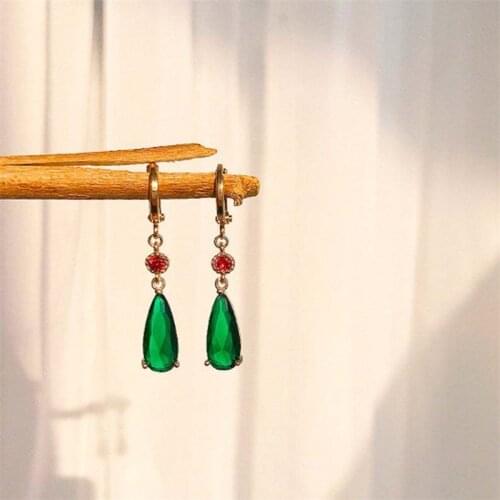 KL94E Emerald Teardrop Green Crystal Earrings Anime Jewelry Fern Green W/red Rhinestone Drop Hook Earrings Anime Cosplay Huggies