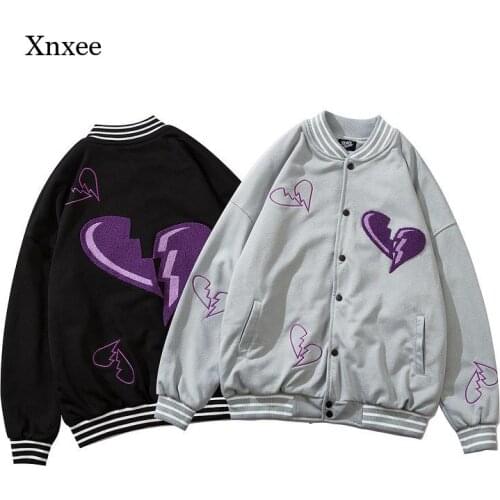 2021 Embroidery Jacket Hip Hop Men Varsity Heart-Shaped Pattern College Jackets Women Bomber Jacket Harajuku Baseball Coats