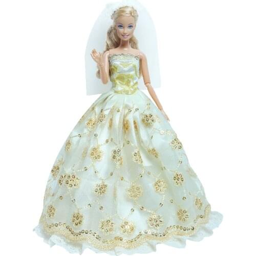 Fashion Yellow Dress Bride Wedding Party Gown With Veil Princess Clothes for Barbie Doll Accessories Baby Girl DIY House Toys