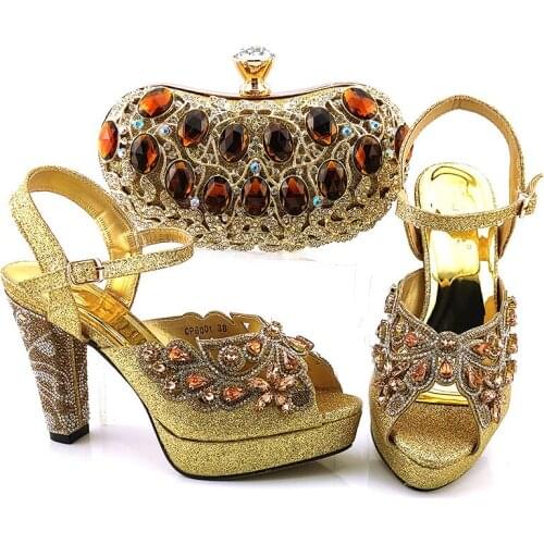 Fashionable gold women pumps and bag set with big crystal style african shoes match handbag for dress CP6001,Heel 11CM