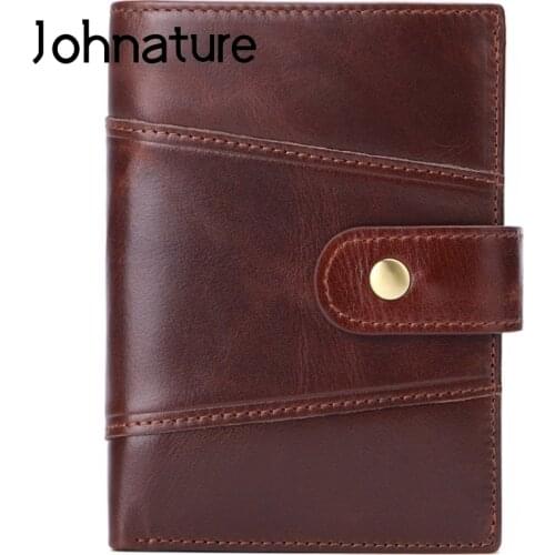 Johnature 2021 New Men Short Wallet Genuine Leather Multi Card Purse Casual Hasp Solid Color Cowhide Mens Wallets Card Holder