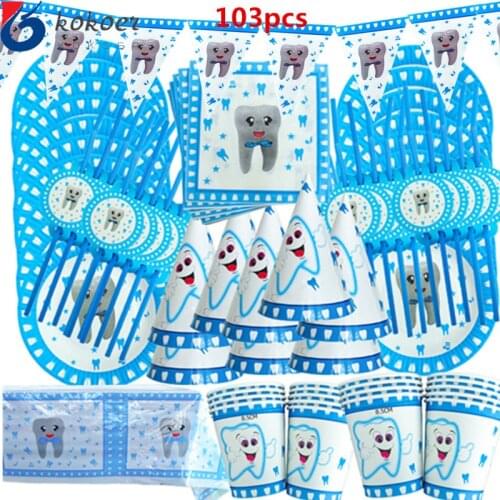 103Pcs My First Blue Teeth Party Supplies Happy Birthday Kids Baby Shower Party Decoration Set Banner Straws Cup For 20 Person