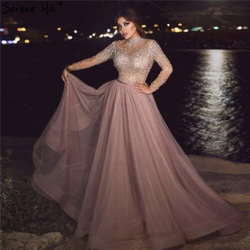 Pink High Collar Diamonds Prom Dresses Design 2020 Long Sleeves Tulle Prom Gowns Long Serene Hill DLA70224
