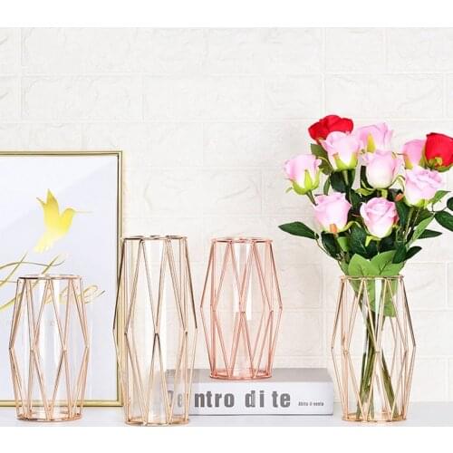 Nordic Artificial Flower Vase Lantern-shaped Iron Art Glass Vase Plant Rack Bottle Gold Plated Flower Pot Wedding Decoration