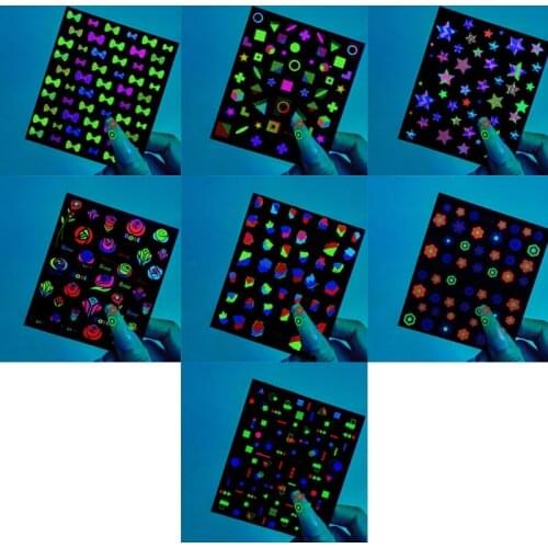 G99E Luminous Nail Art Stickers Decals 3D Self-adhesive Fluorescent Color Geometric Flower Bow Design for Womens Manicure Charm