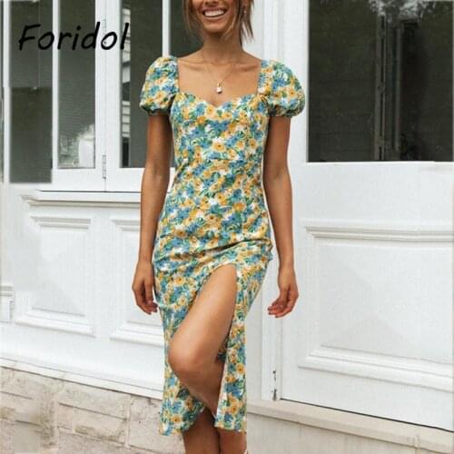 Foridol Puff Sleeve Vintage Green Summer Long Dress Floral Print Boho Maxi Slit Womens Dress 2021 New Print Beach Dress