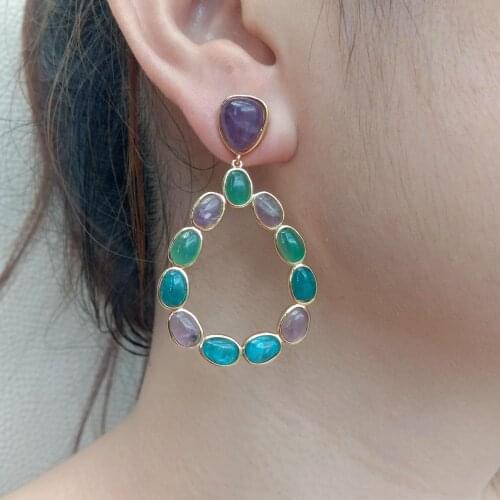 YYGEM Natural Oval Green Agate Amethyst Apatite teardrop Gold Filled Stud Earrings luxury earrings for women