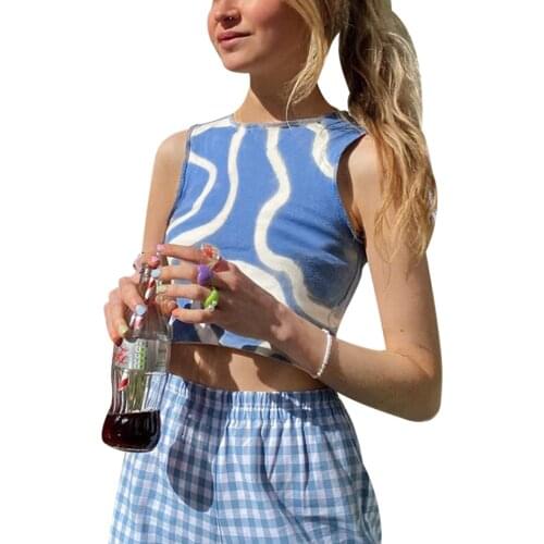 Womens Crew Neck Tank Tops, Sexy Sleeveless Abstract Striped Print Slim Fit Crop Tops