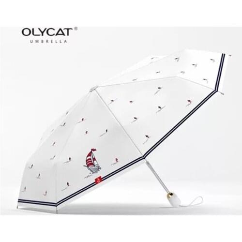 OLYCAT Fully Automatic Three-Fold Uv and Windproof Printed With Sailboat Style Fashion Pattern Womens Eight-Bone Umbrella