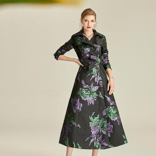 Fall Spring European Style Women Double Breasted Glitters Floral Pattern Long Trench Coat , Womens Clothes 3xl Windbreaker Coats