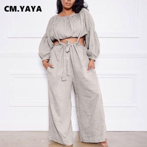 CM.YAYA Women Two 2 Piece Set Long Sleeve Mini Tops and Straight Romper Pants Matching Set Outfit Streetwear Tracksuit Sweatsuit