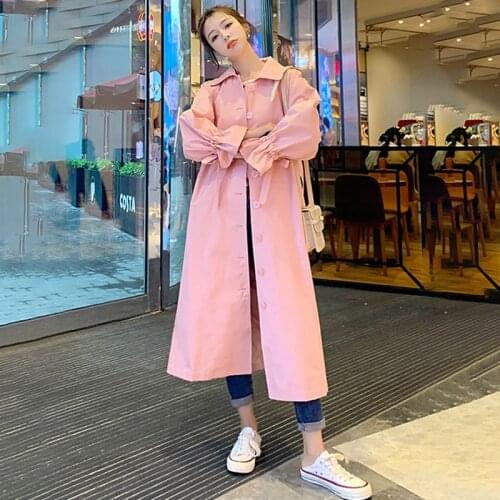 Women Pink Trench Coat Long Spring Autumn Loose Solid Color Ladies Cloak Korean Doll Collar Single Breasted Windbreaker Female
