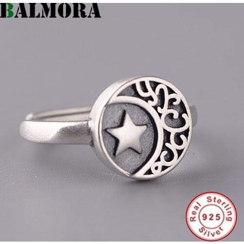 BALMORA Real 925 Sterling Silver Retro Star Rings for Women Punk&Elegant Open Finger Stacking Ring Fashion Bijoux Adjustable