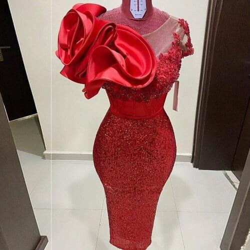 Red Sequin Mermaid Prom Dress Scoop Short Sleeves Tea Length Party Dress Cheap Women Evening vestidos de cóctel