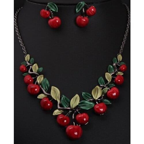 1 Set Hot Vintage Red Cherry Fruit Jewelry Set Chic Bridal Necklace Earrings