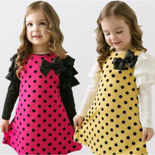 2020 Childrens Dresses Baby Girls Autumn Winter Long-Sleeved Dress Kids Cotton O-Neck Bow Clothes A-line Dot Casual Clothing
