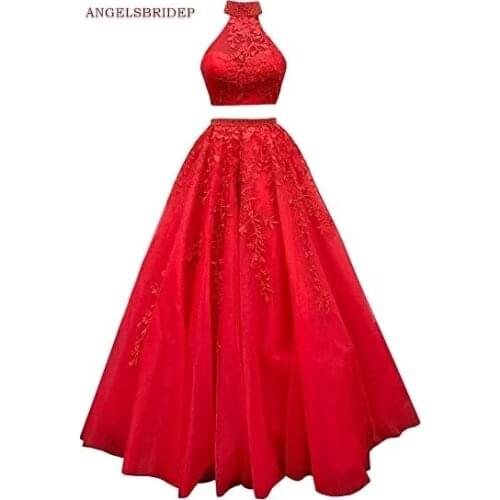ANGELSBRIDEP 2 Pieces Prom Dresses Vestidos de festa Sexy High Neck Applique Floor-Length Formal Princess Party Gowns Hot