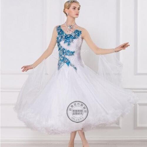 White dress with blue flower standard ballroom Waltz tango Fox trot Quick step Ballroom Modern competition Dress