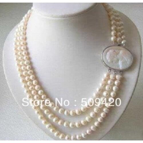 Free Shipping Genuine 3 Rows 7-8MM Freshwater pearl Necklace