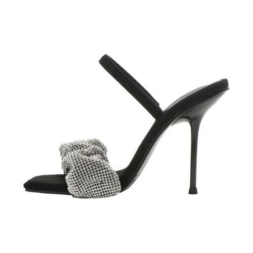 Bling Bling Square Toe Pleated Sliver Crystal Sandals Woman Sexy Elastic Band Rhinestone Slip On Party Heels Pumps Sandals
