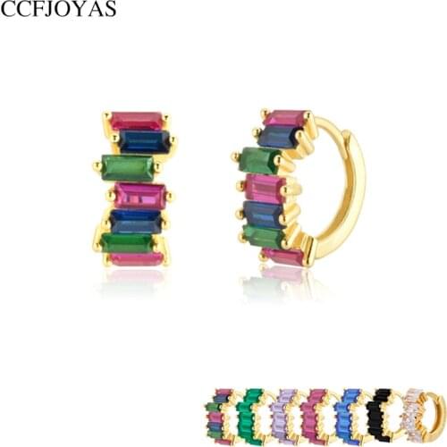 CCFJOYAS 100% 925 Sterling Silver Small Hoop Earrings Rainbow Irregular Rectangular Zircon Round Circle Earrings Fashion Jewelr