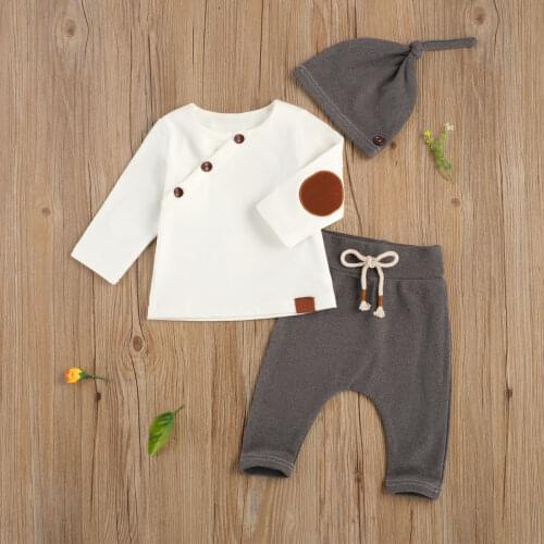 Newborn Baby Clothes Set Buttons Round Neck Long Sleeve Blouse Top+ Pants+Hat 3pcs Casual Autumn Clothing