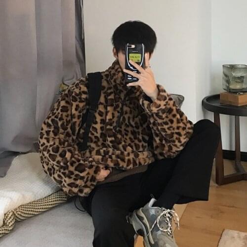 Fashion Leopard Stand Collar Short Coat Men 2020 Autumn Loose Long Sleeve Warm Jacket Casual Pullover Sweatshirt Male S-XL
