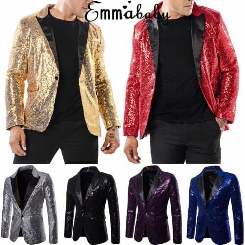 2019 New Mens Slim Fit One Button Formal Casual Suit Blazer Coat Jacket Shining Tops Club Bling Sequins Blazer Coat Drop Ship
