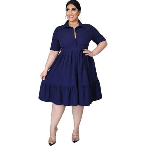 New Women Summer Plus Size Dresses High Wait Clothing 5XL Solid Buttons Casual Turn Down Collar Knee Length Ruffle Shirt Dress