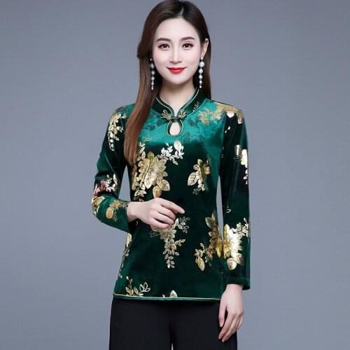 Chinese Style Clothing Women Fashion 2020 Autumn Velvet Cheongsam Top Floral Tang Suit New Year Velour Ladies Chinese Tops 11404