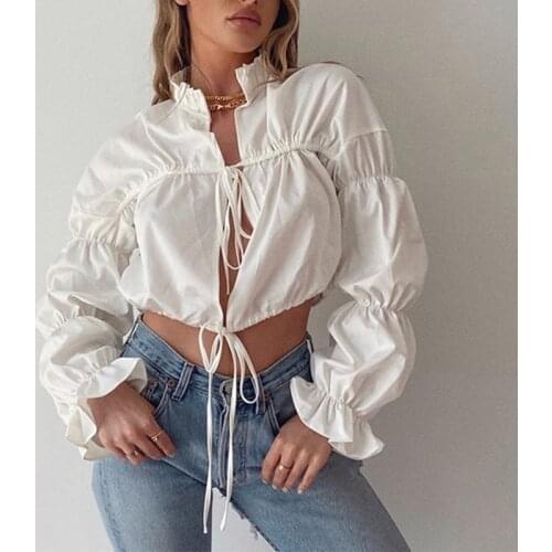 Crop Top Edible Tree Fungus Shirts Women Petal Sleeve Hollow Out Lace-up Shirt Female 2021 Summer Lady Elegant Streetwear Tops