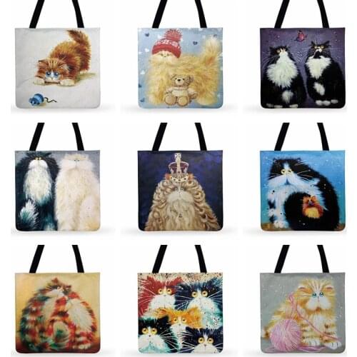 Ladies Shoulder Bag Color Big Fat Cat Illustration Print Tote Bag For Women Casual Tote Outdoor Beach Tote Foldable Shopping Bag