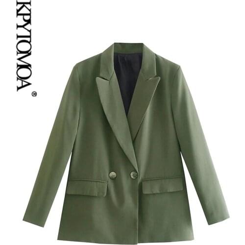 KPYTOMOA Women 2021 Fashion Double Breasted Loose Blazer Coat Vintage Long Sleeve Flap Pockets Female Outerwear Chic Veste Femme