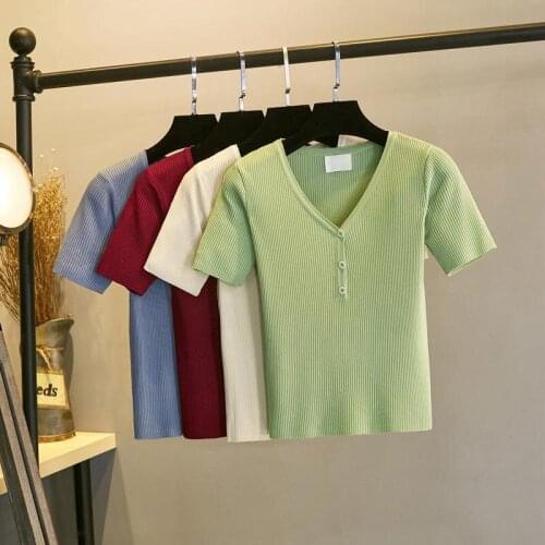 Women Spring Summer Style Knitted Sweater Pullovers Lady Casual Solid Color V-Neck Short Sleeve Pullovers Tops ZZ0046