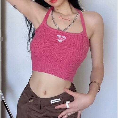 Summer 90S Aesthetic Camisole Knitted 2021 Embroidery Chain Korean Crop Top Halter Casual Pink Backless Knit Top Women