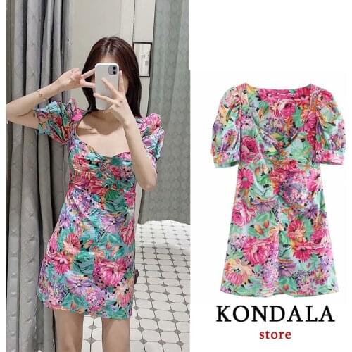KONDALA Women za dress floral print square collar vintage mini sexy dress short sleeve sheath draped dresses female vestidos