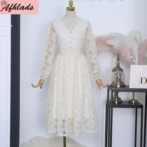 Spring And Autumn New Long Sleeved V-Neck Mesh Flower Embroidery Sequins Solid Color High Waist Lace Stitching Dress For Women