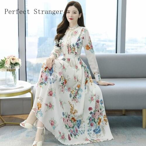 2021 Spring Autumn New Arrival Hot Sale Stand Collar Flower Printed Long Sleeve Women Long Chiffon Dress