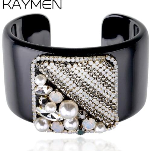 KAYMEN New Arrivals Luxury Handmade Crystal Cuff Bracelet Statement Resin Bangle For Women Girls Fashion Jewelry 2 Colors