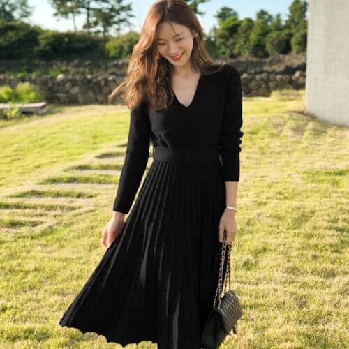 New arrival comfortable thick warm knit bouncy formal dress temperamental high quality v-neck elegant cute long a-line dress