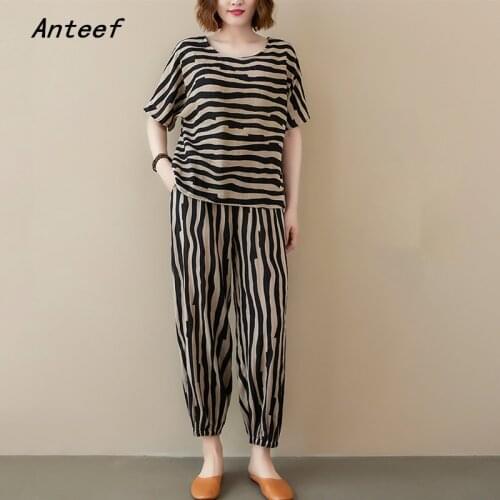 Cotton vintage stripe summer casual 2 two piece set casual loose tee t shirt women t-shirt ladies tshirt 2021 tops Harem pants